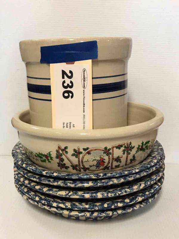 lot 236 image: Stoneware Crock, (5) Plates, Noel Bowl