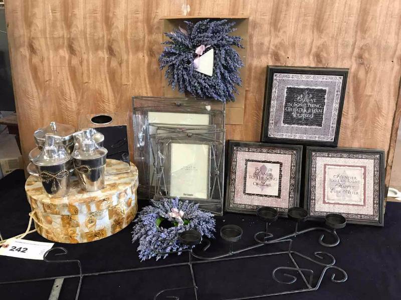 lot 242 image: New Bathroom Counter Set, Photo Frames, Plaques, Lavender Wreaths, Etc.
