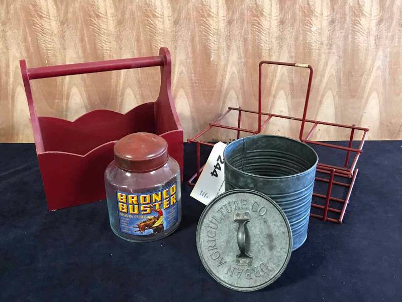 lot 244 image: Red Wire Tote, Tin Canister, Bronco Buster Jar, Wood Bin