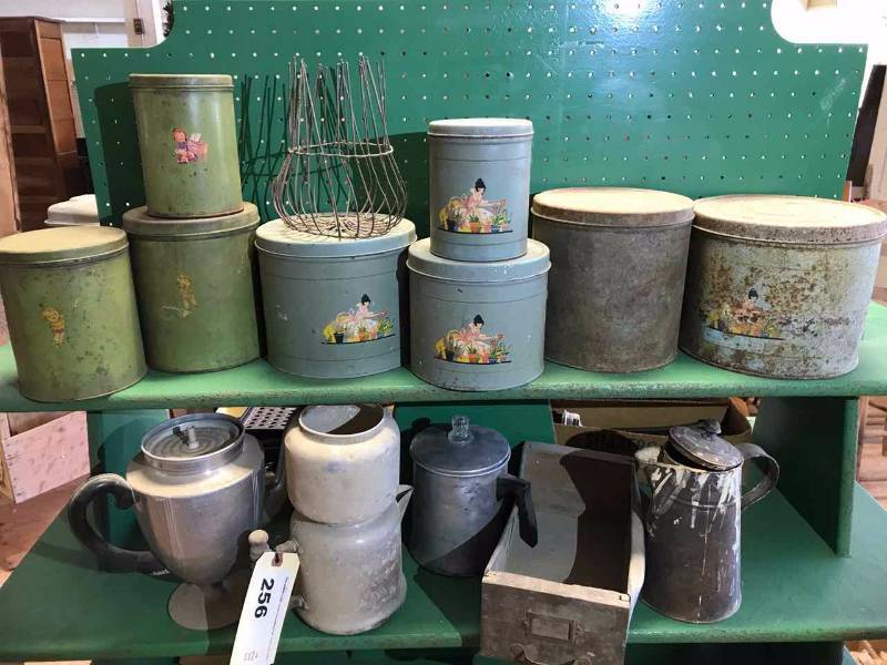 lot 256 image: Old Coffee Pots, Canisters, Drawer, Etc.