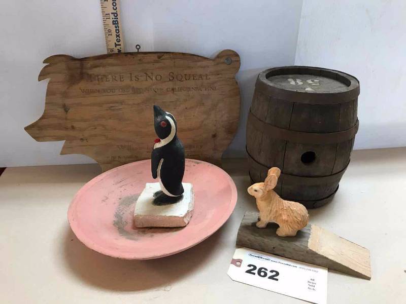 lot 262 image: Miniature Oak Barrel, Pig Board Wilson Lumber Comp., Carved Bunny Door Stop, Wood Penguin, Bowl