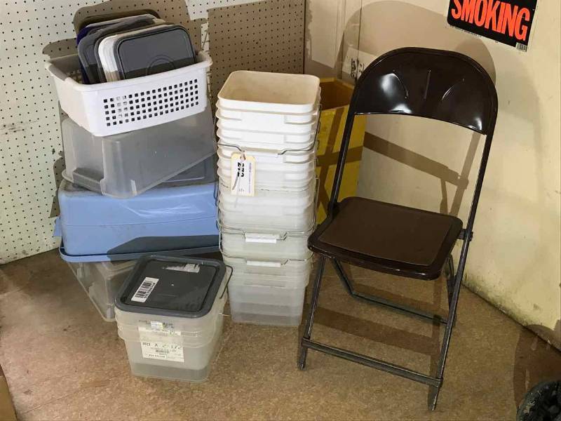 lot 272 image: Storage Tubs, Buckets, Folding Chair, Trash Can