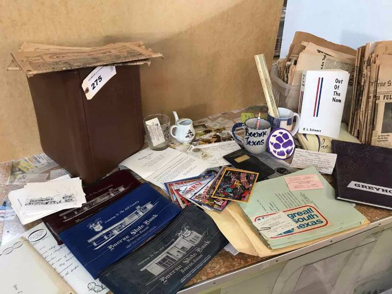 lot 275 image: OldNewer Boerne Items  Bank Bags, Folders, Cups, Glass, Receipts, Post Cards, Year Books, Old Newspapers, Etc.