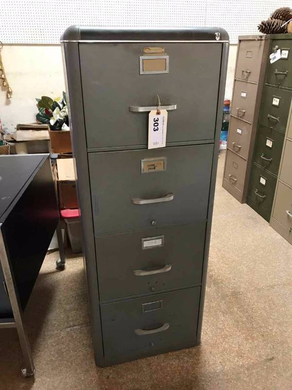 lot 303 image: Vintage Four-Drawer File Cabinet with Rounded Corners, with Key
