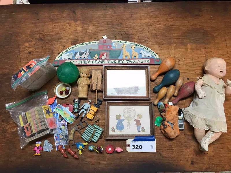lot 320 image: Asst. Small Toys, Old Doll, Bouncey Horse, Wall Art, Wood Bowling Pins, Etc.
