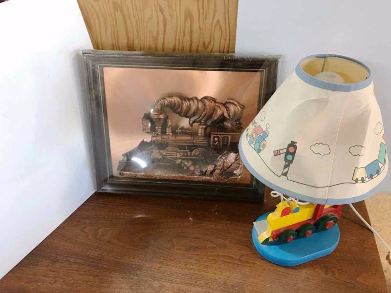 lot 347 image: Trains  Childs Lamp & a Copper-Looking Dimensional Framed Image