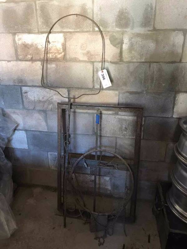 lot 396 image: Metal Window Frame, Sign Bracket, Basketball Goal, Bird Cage Stand (no base)