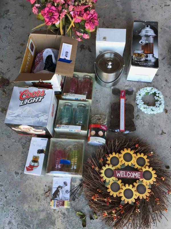 lot 410 image: Patio Lights, Liquor Decanter, Bowl, Ice Bucket, Etc.