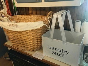 lot 12 image: Enamel Laundry Stuff Basket, Willow Laundry Basket