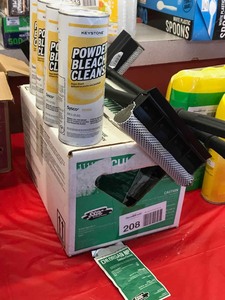 lot 208 image: Box Chlorsan NP Sanitizer, (4) Powdered Bleach, (3) Squeegies