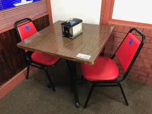 lot 100 image: Table for Two  2 chairs, 1 table, napkin dispenser.