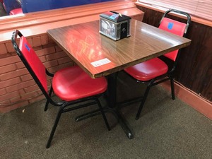 lot 101 image: Table for Two  2 chairs, 1 table, napkin dispenser.