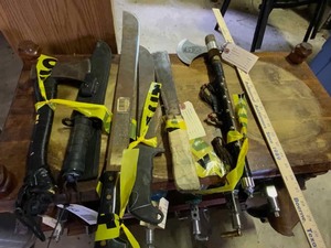lot 63 image: Machetes, Tomahawk Pipe, Hatchet, Etc.