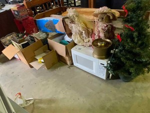 lot 66 image: Household  Microwave, Asst. Plates, Some Pots, Christmas Trees, 2 Bears, Etc.