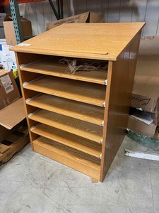 lot 37 image: Wood podiumcabinet with slide-out trays (apprx. 31 x 33 x 45 inches)