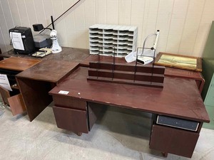 lot 39 image: Assorted Lot Desks, Mixer, Overhead Projector, Sorting Bin, Cabinet, Painting, Etc.
