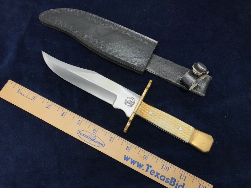 lot 180 image: Knife  Chipaway Cutlery Bowie, Brass Fittings, Bone Handle (some pitting) with Sheath