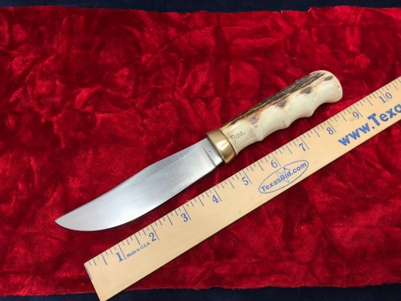 lot 199 image: Knife  Unmarked Axis Handle, Camp, Compass in pommel, brass guard, finger grooved