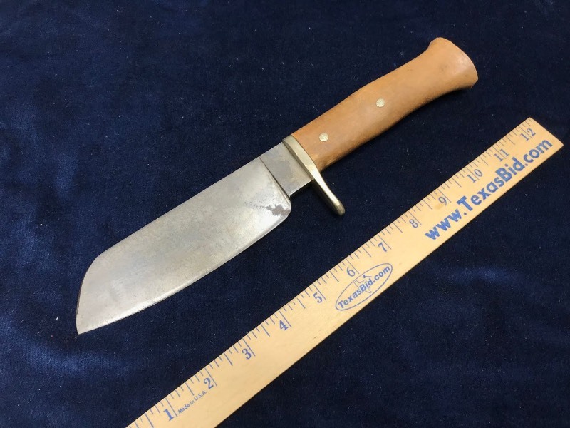 lot 203 image: Knife  Hunting Cleaver, Unmarked Blade, Terry Callahan Logo on Pommel (pitting)