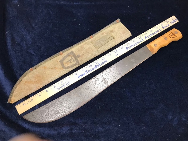 lot 244 image: Knife  Unmarked Machette with Worn Canvas Sheath (Rusted)