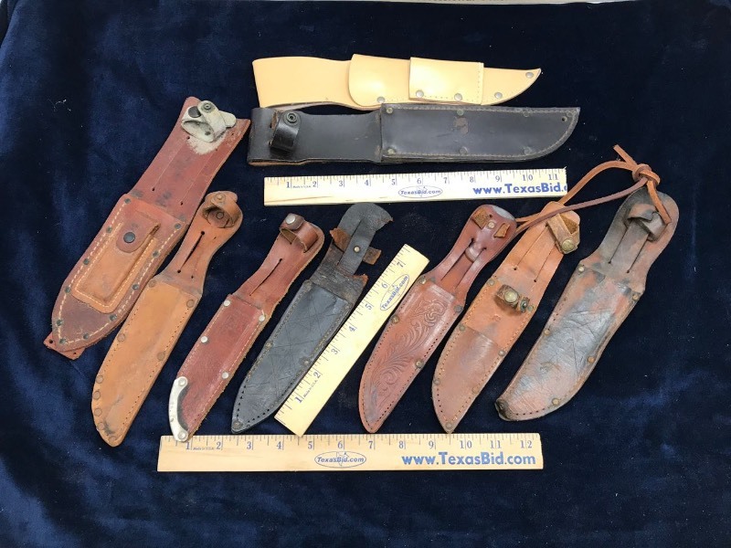 lot 274 image: (9) Sheaths   Leather for 4 in. Blades and some Military style
