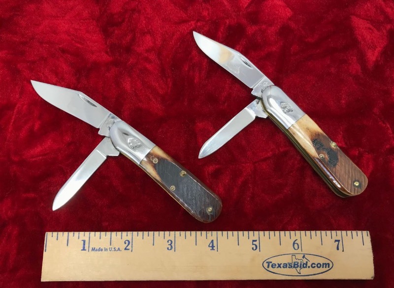 lot 300 image: (2) Queen Cutlery (2 blades, bone handle #139) Marked Drake Well