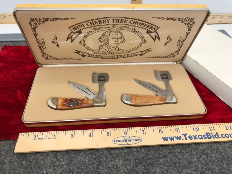 lot 305 image: (2 Pc.) Collectors Set Taylor Cutlery Cherry Chopper George Washington, Bone Handle
