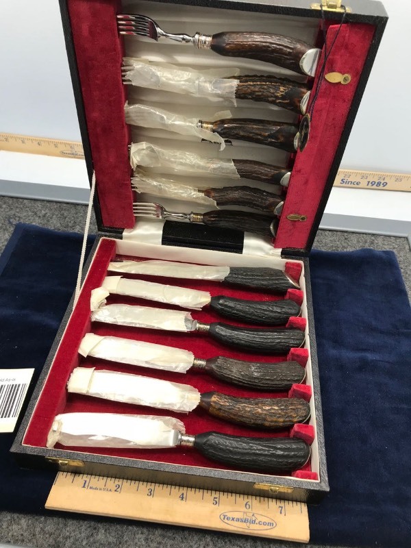 lot 313 image: Samuel Peace Sheffield England Sambar Stag Knife & Fork Set