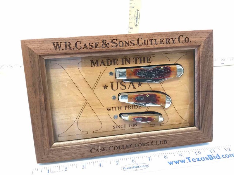lot 326 image: Case Collectors Club 3-Pc. Set in FrameCase 2013 Life Member, Regular Member, Junior Member