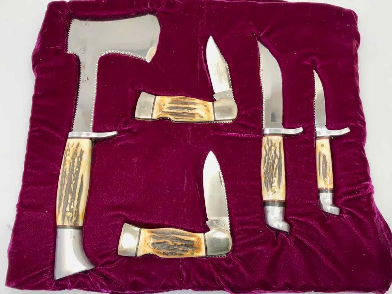 lot 336 image: Framed 5-Pc. Set Western (S-534, S-531, W-66, 628, Hatchet)