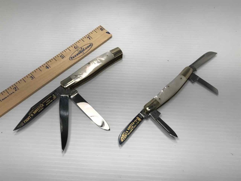 lot 456 image: (2) Fightn Rooster Knife (Mother of Pearl)  1983 400 & 1983 II 224