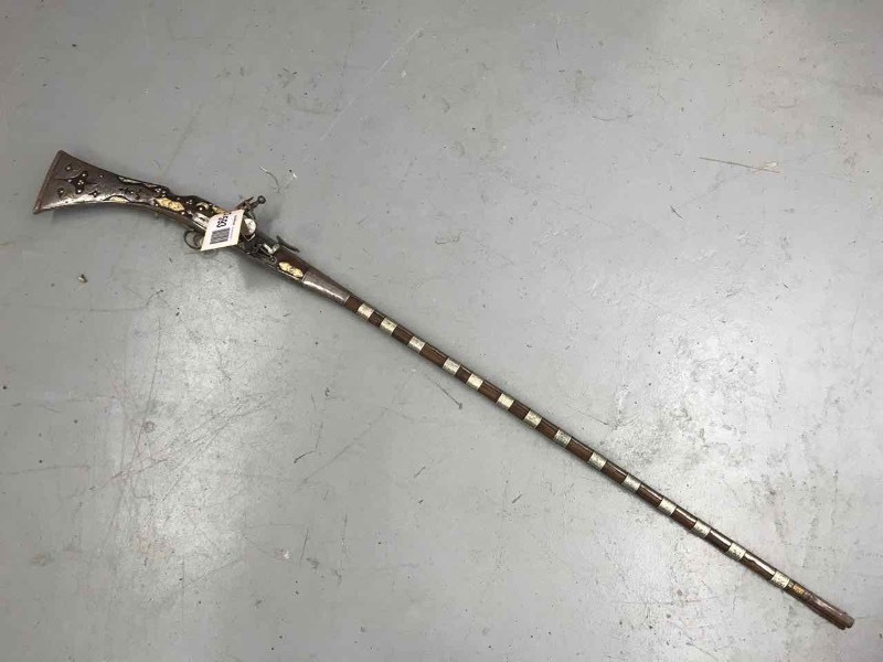 lot 593 image: Decorative Black Powder Middle Eastern Flint-Lock Rifle