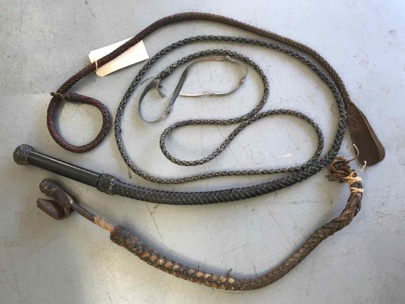 lot 600 image: Bull Whip, Bull Whip Handle, and a Riding Crop