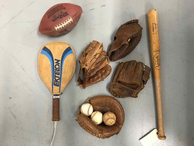 lot 626 image: Baseball Gloves, Balls, Bat, Racquet, Etc.