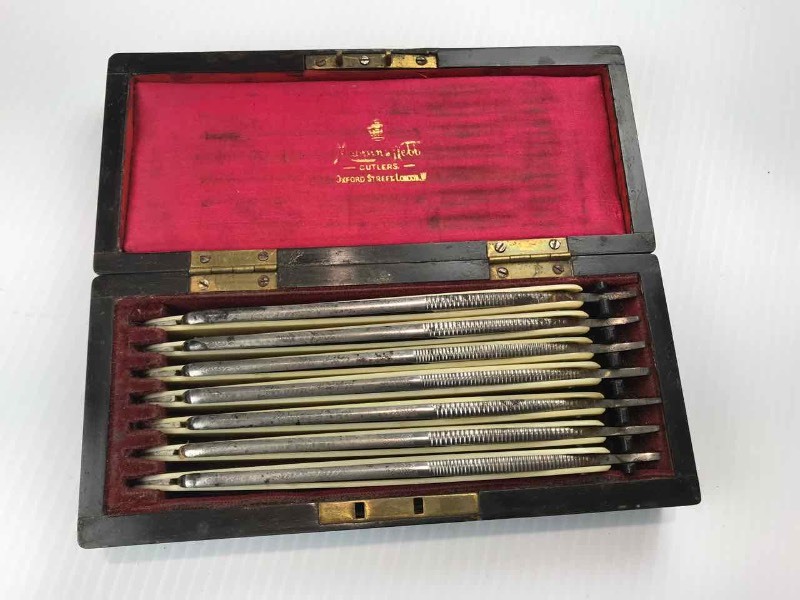 lot 701 image: Wood Box with 7 Days of Razors Mappin & Webb Royal Cutlery Works
