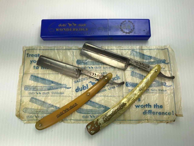 lot 709 image: (2) Straight Razors  dubl duck Wonderedge & Dwarf Solingen Germany with Box & Paper