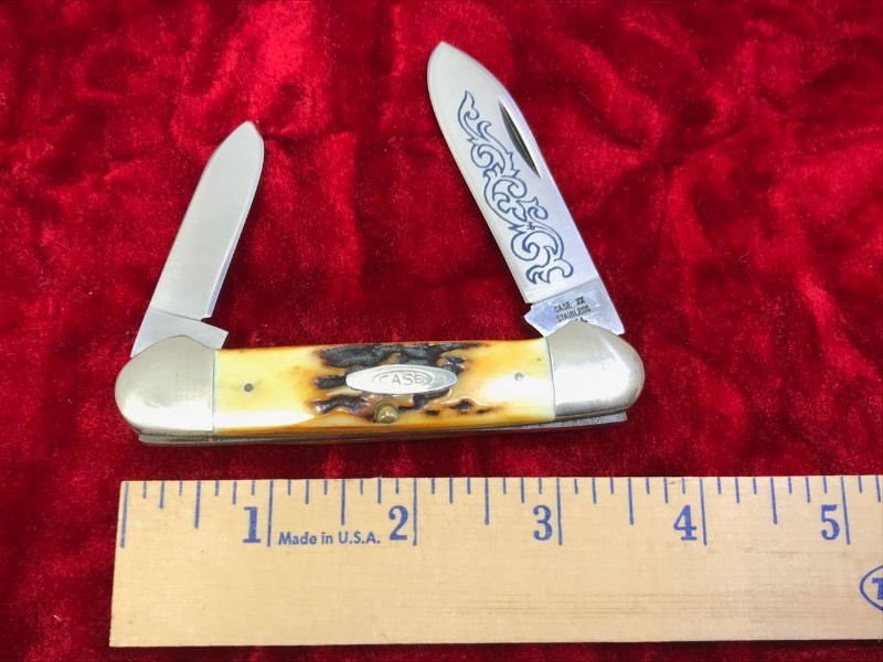 lot 107 image: Knife  Case XX 52131 SSP,  Canoe knife, two blades, Genuine Stag, Blue Scroll,  2.5 in blade
