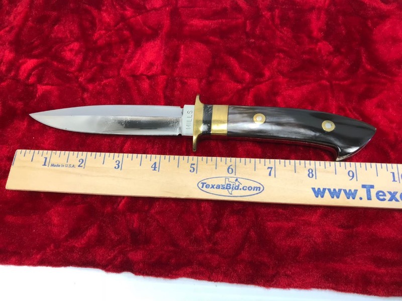 lot 109 image: Custom Knife  Maker Mills,  Loveless style fighter, double edge Buffalo, #86, approx. 9.5 in overall