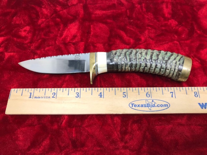 lot 115 image: Custom Knife  Maker  (RD or George ) Nolen,  Springbock Handle wBone Spacer, Filework on blade,  approx. 7.75 in. overall
