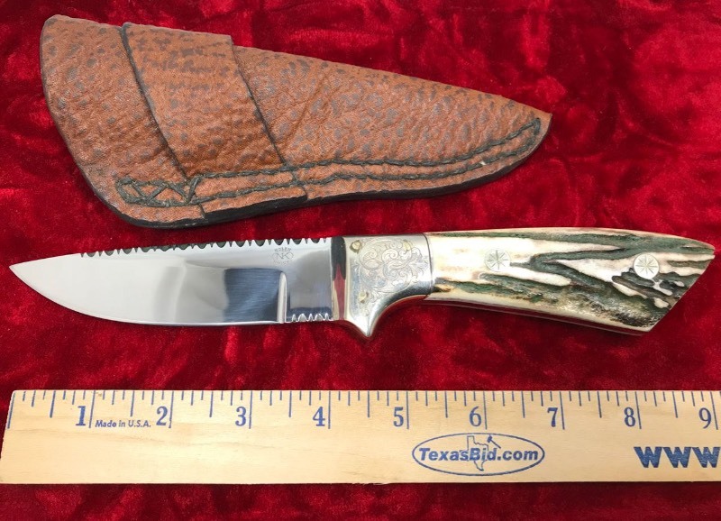 lot 116 image: Custom Knife  Maker  (RD or George ) Nolen,  Sanmbar Stag Handle, Engraved Bolster, filework on blade, approx. 9.5 in. overall