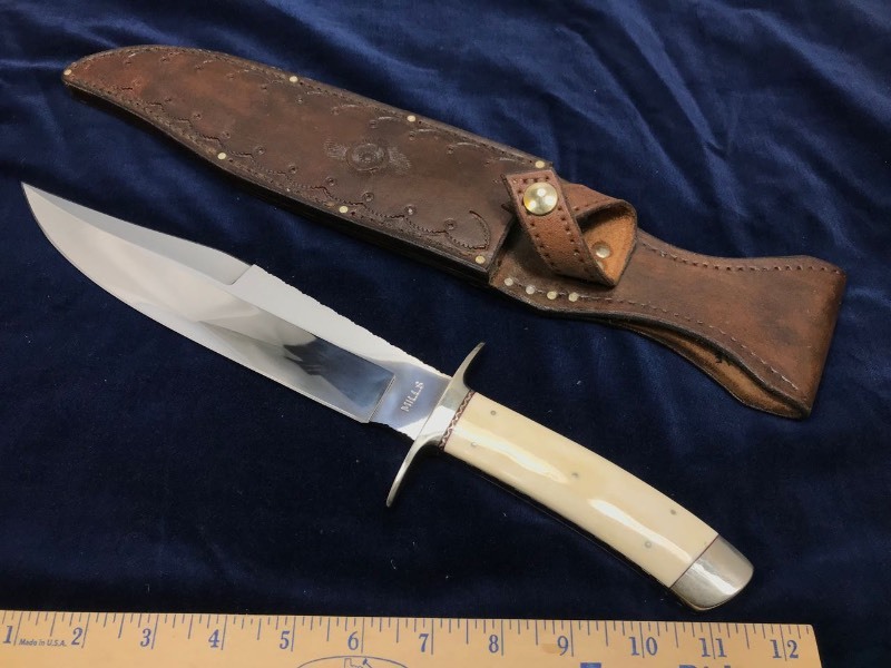 lot 119 image: Custom Knife  Maker Andy Mills, Ivory Handled Bowie Knife, filework on blade and handle, #298,  approx. 15 in. overall