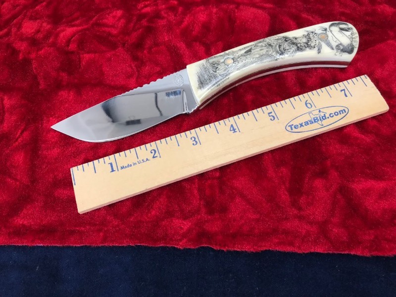 lot 137 image: Custom Knife  John Spencer, Harper TX Scrimshaw Antler Handle, Mosaic Pins, Cracked Handle