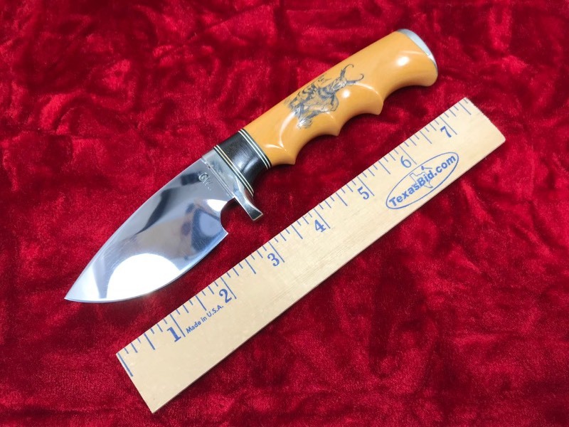 lot 139 image: Custom Knife  Gerry Jean GWJ #318 Water Buffalo Spacer, Perhaps Micarta Handle with Scrimshaw by Lou