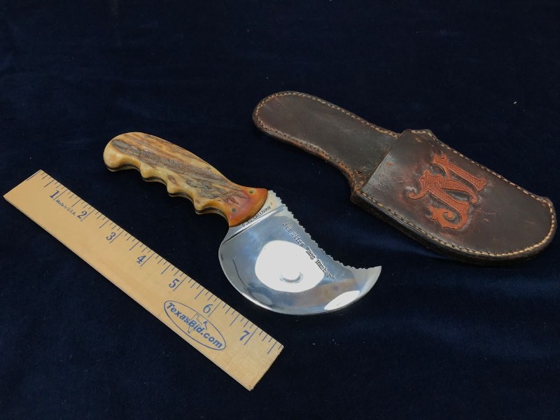 lot 142 image: Custom Knife  Terry Callahan Journeyman Smith Skinning Knife, Marked F.T. Callahan, Jim Miles Hog Hunter, Sambar Stag with Sheath