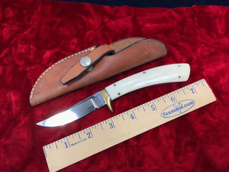 lot 148 image: Custom Knife  Andy Mills Upswept Skinning Knife #206 Bone Red Spacer Filework, Sweet Lil Knife