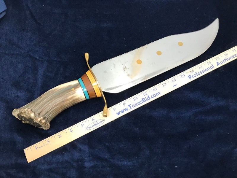 lot 154 image: Knife  Huge Elk Handle Bowie Brass Buffalo Inlay