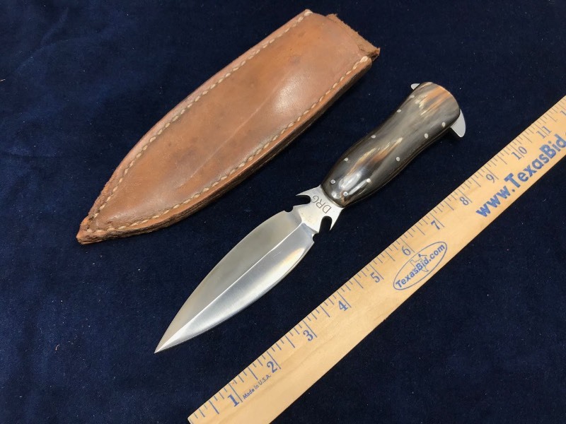 lot 158 image: Knife  Custom Fantasy Dagger Marked DRG, Water Buffalo Horn, Double Edged With Concealed Knife in Handle