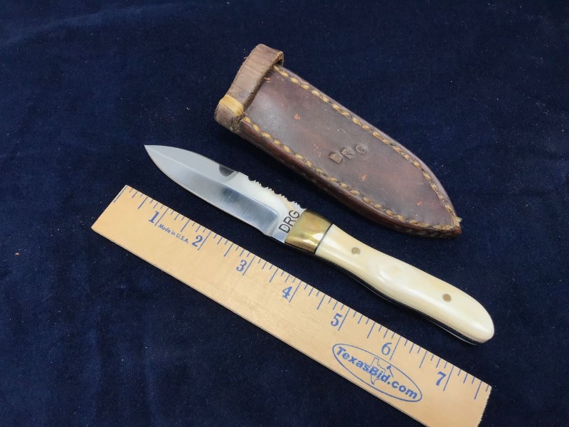 lot 160 image: Knife  DRG Chute Knife, Bone Handle, File Work, Brass Balstar with Sheath