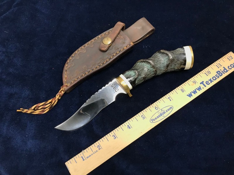 lot 164 image: Knife  DRG Custom Hunting, Impala & Bone Handle, Filework, with Sheath