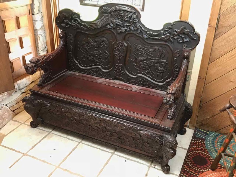 lot 8 image: Carved Wood Bench, Dragons